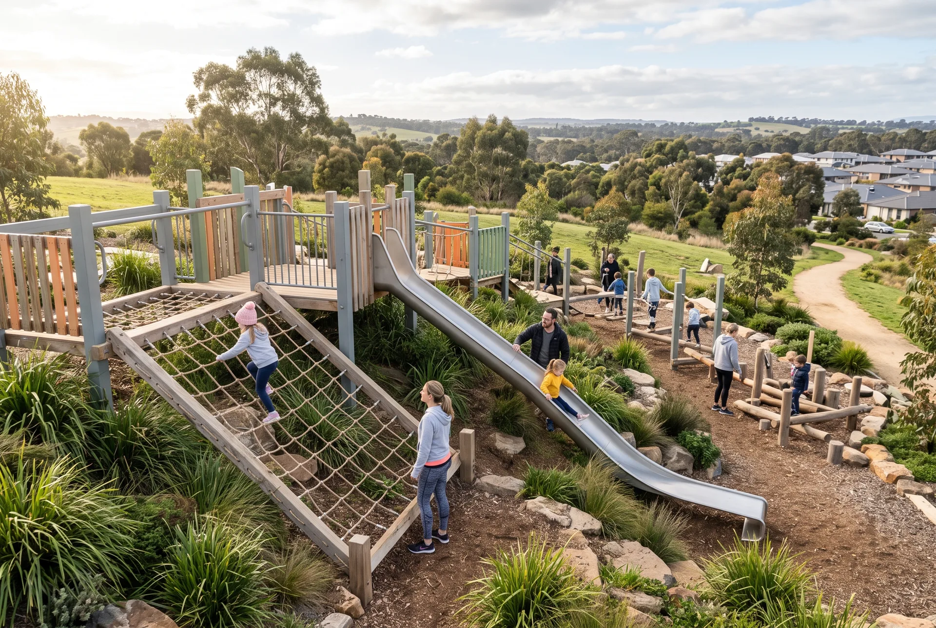 Families using a community playground in the precinct