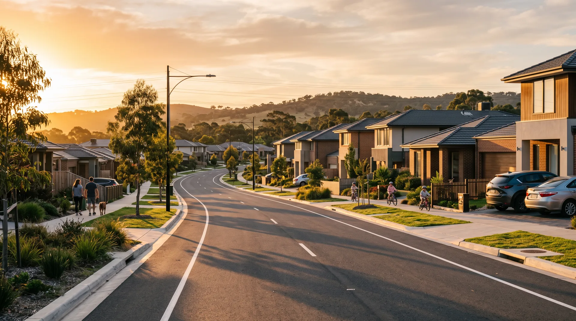 New residential street at golden hour